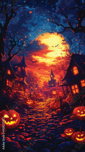 Spooky Forest Village with Halloween Pumpkins.