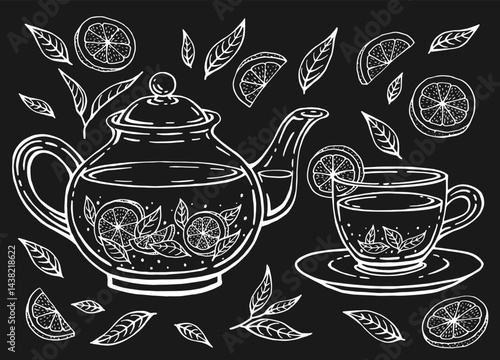 Tea set with healthy green tea, lemon slices, tea leaves. Teapot and cup. Hand drawn
