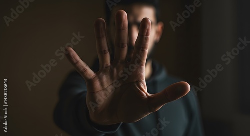 AI image featuring a man in a hoodie showing stop hand gesture towards camera, palm facing forward, blurred dark background.