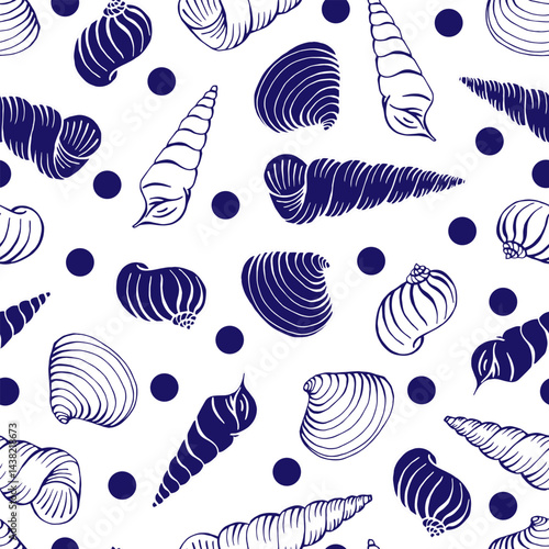 Seamless pattern with seashells. Hand drawn vector illustration.