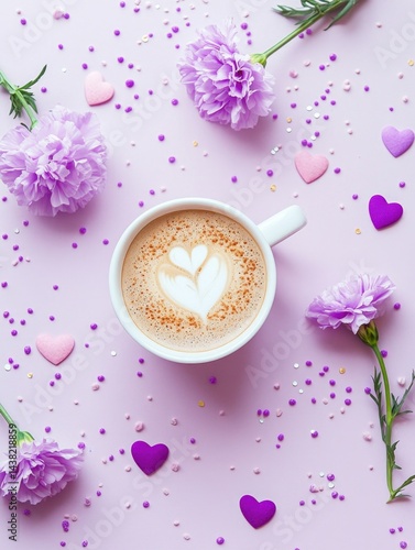 A beautiful, close-up photograph showcasing a coffee cup on a pink background adorned with white hearts and purple flowers. The focus is sharp, highlighting the coffee foam's intricate design. Perfect