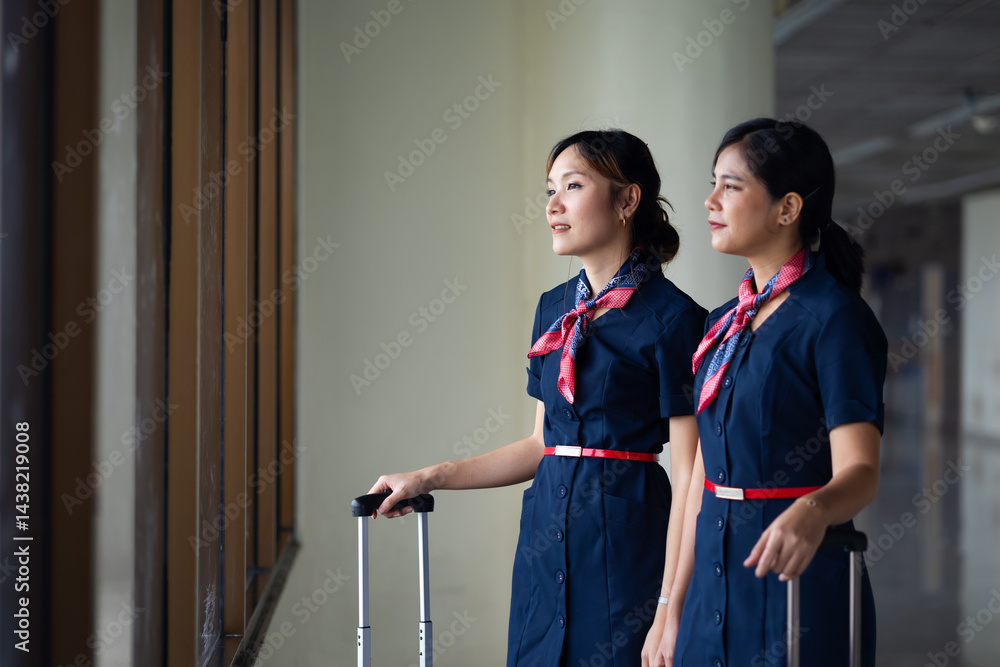 Portrait two Cabin crew or air hostess in airport. Cabin crew, air hostess working in airplane. Service mind. Asian stewardess with suitcase at modern airport terminal. flight attendant