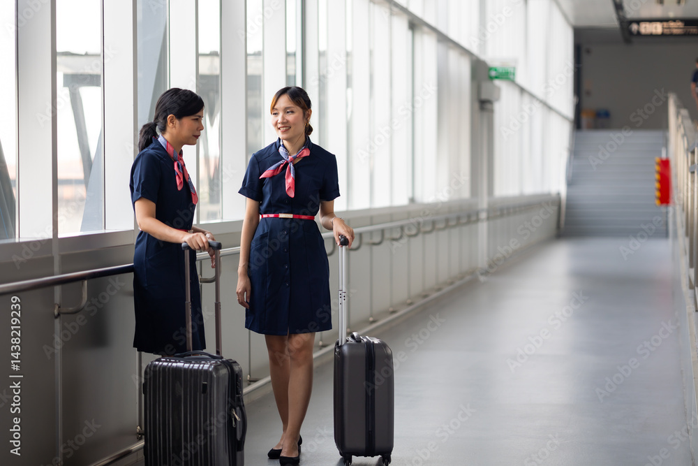 Portrait two Cabin crew or air hostess in airport. Cabin crew, air hostess working in airplane. Service mind. Asian stewardess with suitcase at modern airport terminal. flight attendant