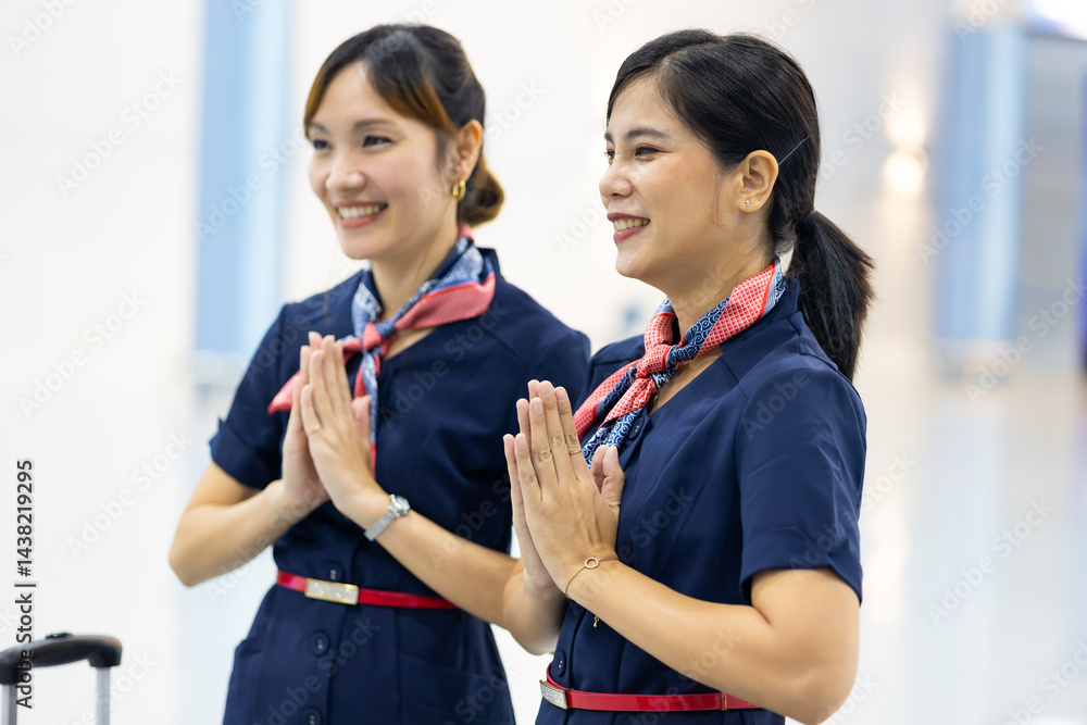 Portrait two woman friends sawasdee thai hello in airport. Cabin crew, air hostess working in airplane. Service mind. Asian stewardess with suitcase at modern airport terminal. flight attendant
