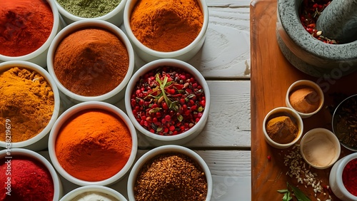 The spices include red chili powder, turmeric, black pepper, etc