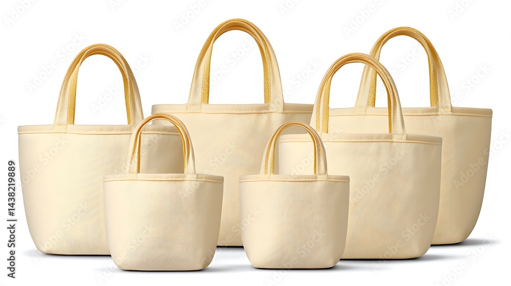 Naklejka premium Array of plain tote bags, various sizes, light background, rounded tops, simple design, neutral colors