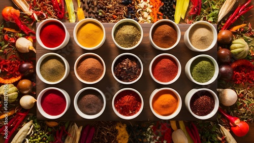 The spices include red chili powder, turmeric, black pepper, etc
