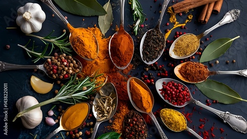 The spices include red chili powder, turmeric, black pepper, etc
