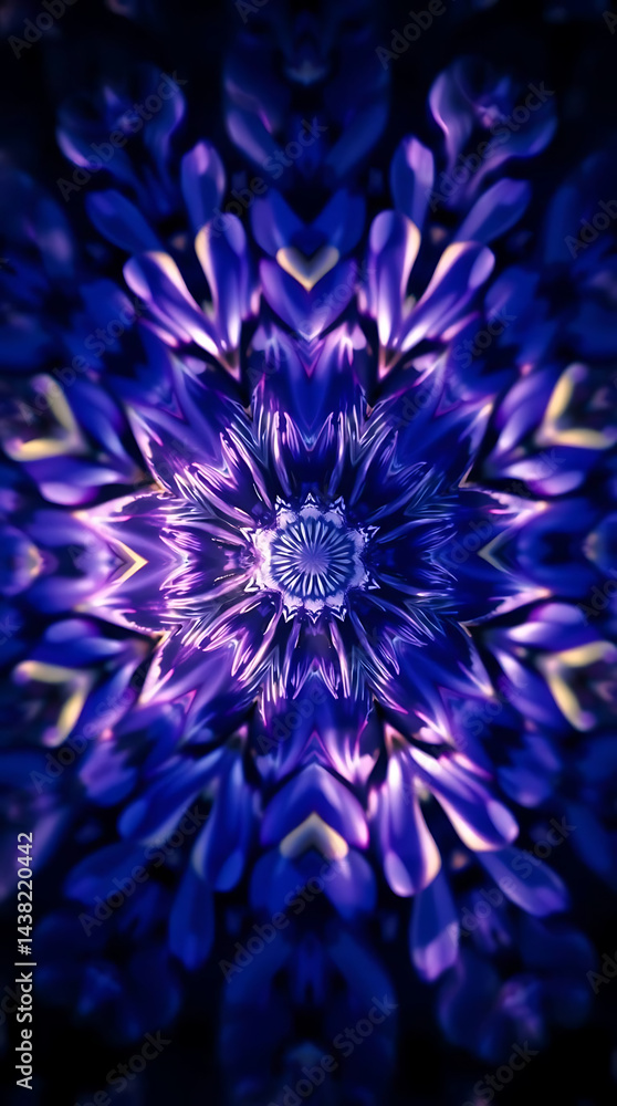 Fototapeta premium a mesmerizing kaleidoscope of Bluebells flower petals arranged in fractal symmetry, glowing softly against a deep indigo void, subtle prism refractions, created b y generative ai