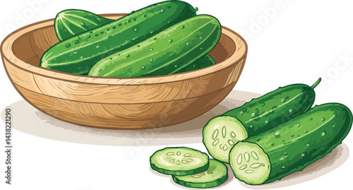 Cucumber in wooden bowl in white background Illustration vector design, Cucumber Illustration vector design