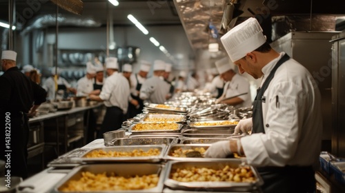 Large commercial kitchen, many chefs preparing food