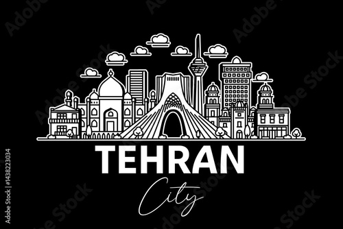 Tehran, Iran architecture line skyline illustration with shadows. Linear vector cityscape with famous landmarks, city sights, design icons.