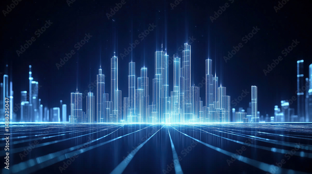 blue cyberpunk city silhouette