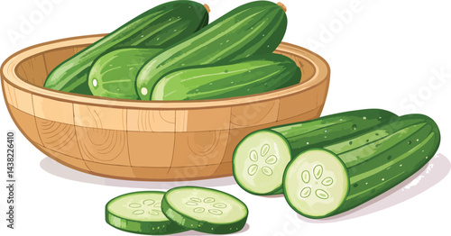 Cucumber in wooden bowl with Cucumber Slice in white background vector design, Cucumber Illustration vector design