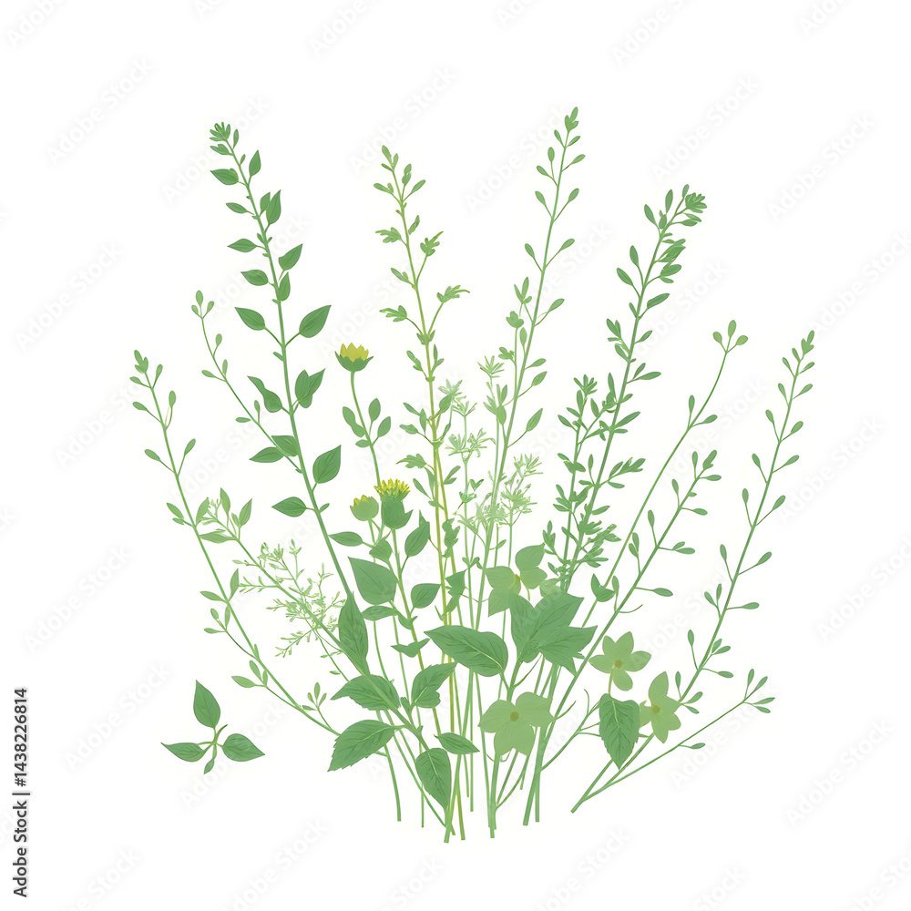 Fototapeta premium Botanical Illustration - herbs in emerald and beige for interior posters 