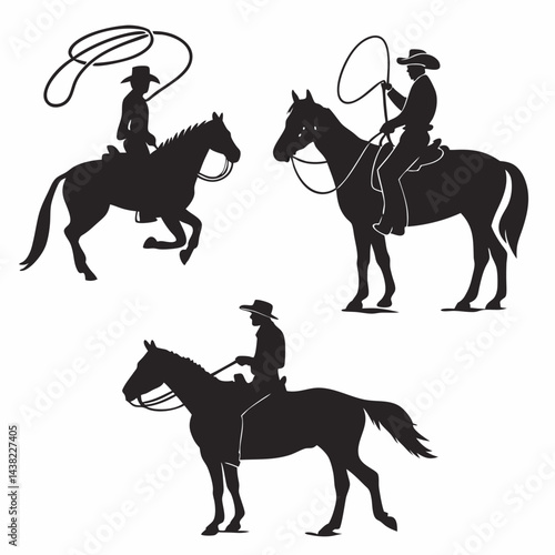 Cowboy Horse Silhouettes: Western Riders Vector Graphics - Black & White.