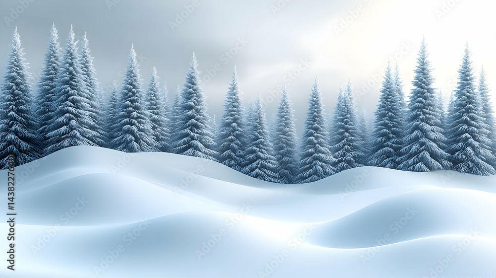Naklejka premium A serene winter landscape with snow-covered fir trees and gently rolling snowdrifts under a bright soft sky