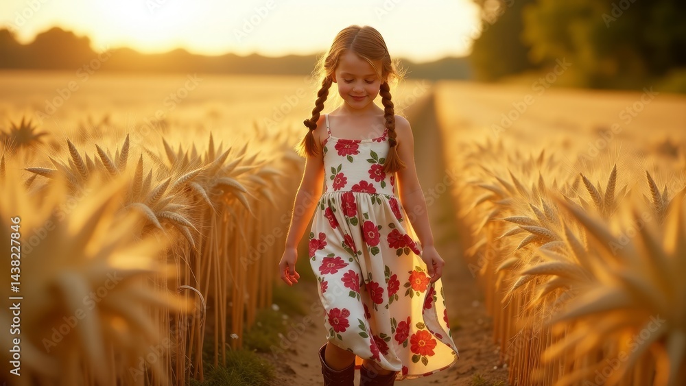 Obraz premium Girl Walking Through Wheat Field At Sunset