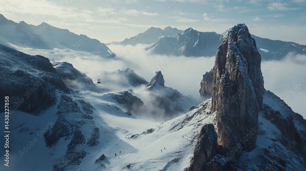 Obraz premium Mountain peaks pierce through clouds; snow-covered landscape