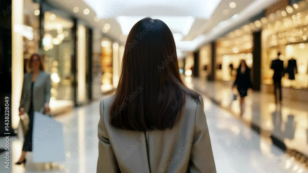 A woman seen from behind walking through a brightly lit and modern shopping mall with luxurious boutiques. 4k Video footage A woman seen from behind walking through a brightly lit and modern shopping mall with luxurious boutiques. 4k Video footage