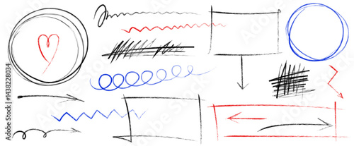 Set of sketchy shapes and underline elements Scrawls, highlights, hand drawn arrows, grunge lines, crayon scribbles, rough brush charcoal pen stroke, emphasis marks. Sketches of ellipse rectangle oval