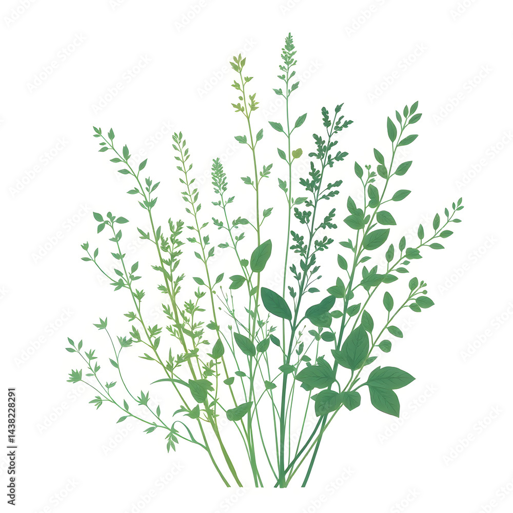 Fototapeta premium Botanical Illustration - herbs in emerald and beige for interior posters 