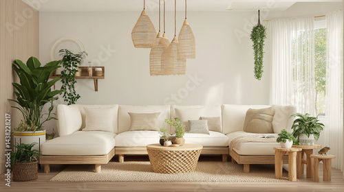 Cozy modern living room with plants and decor.