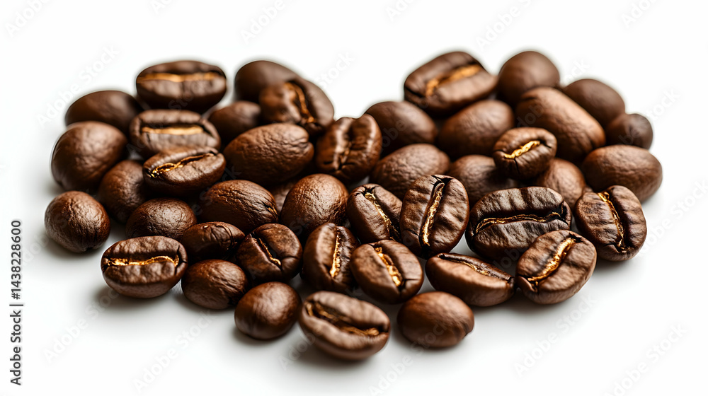 Fototapeta premium Heart Shaped Pile of Dark Roasted Coffee Beans on White Background