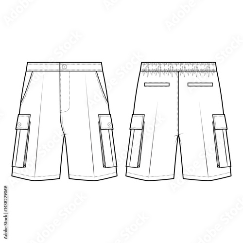 Technical flat sketch of Bermuda pants. Easywear shorts with cargo-patch pockets. Side pocket, Welt pocket, Pleated pocket. Vector mock up Template. 