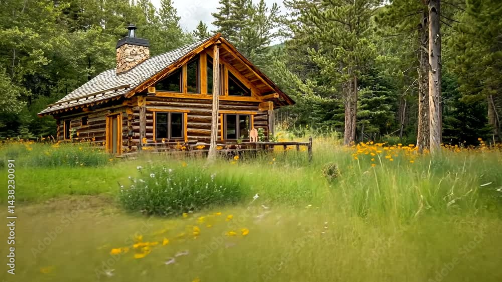 Cozy log cabin surrounded by vibrant wildflowers Cozy log cabin surrounded by vibrant wildflowers