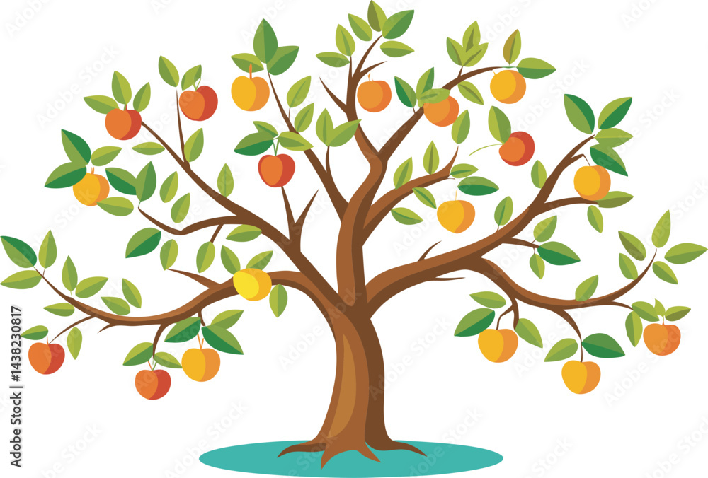 Obraz premium A colorful vector art illustration depicting a neatly pruned fruit tree, showcasing vibrant fruits and lush green leaves in a stylized design.