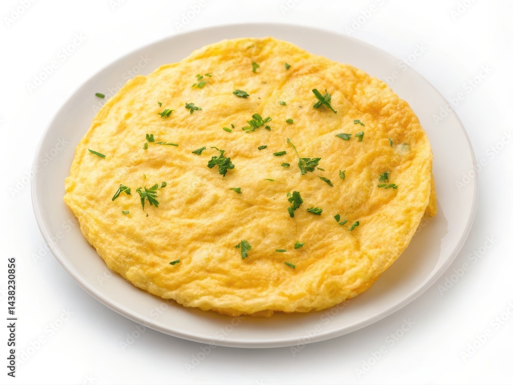 American Breakfast, Fluffy omelet garnished with herbs on a white plate, showcasing a delicious breakfast option. American Breakfast, Fluffy omelet garnished with herbs on a white plate, showcasing a delicious breakfast option.