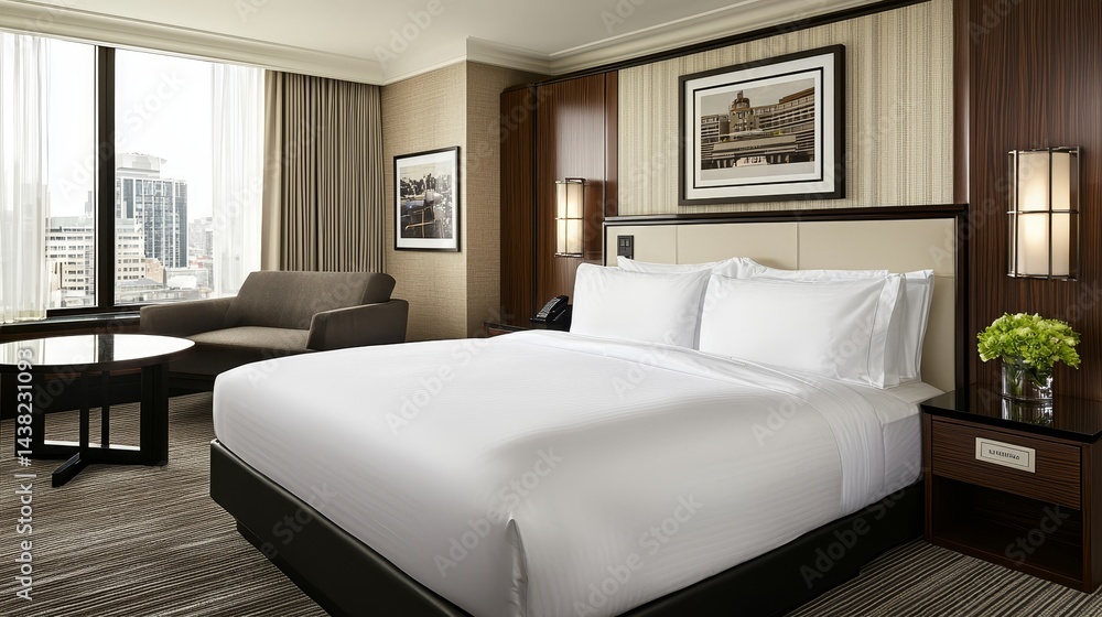 Fototapeta premium Sophisticated hotel room with modern decor, cozy seating, and excellent city view