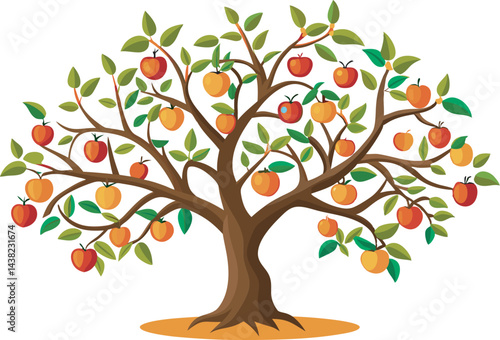 A colorful vector art illustration depicting a neatly pruned fruit tree, showcasing vibrant fruits and lush green leaves in a stylized design.