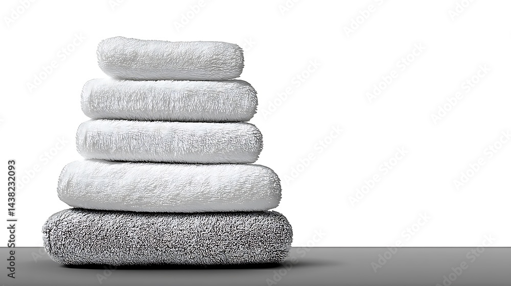 Neatly stacked, clean, and folded towels form a pyramid on a gray surface against a bright background Neatly stacked, clean, and folded towels form a pyramid on a gray surface against a bright background