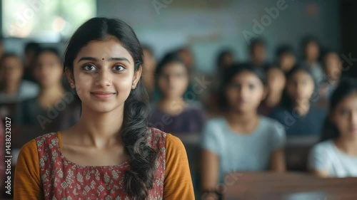 A focused young girl in a classroom, ready for learning.