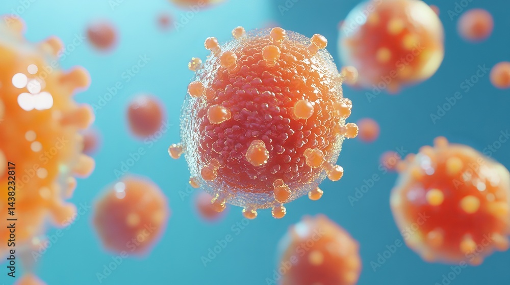Close up rendering of multiple hiv viruses floating against a soft blue gradient background art Close up rendering of multiple hiv viruses floating against a soft blue gradient background art