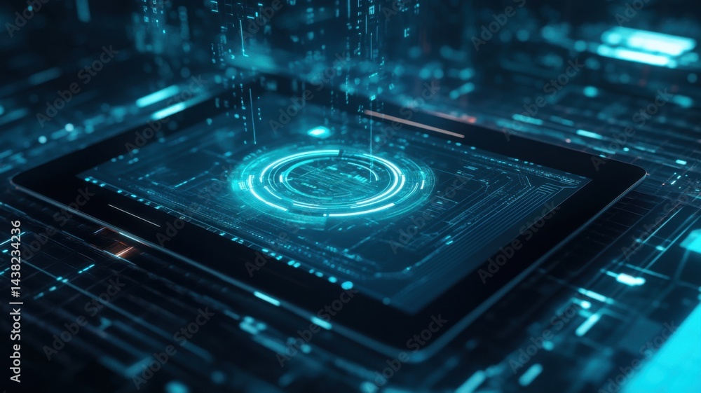 A digital tablet displays a glowing futuristic interface with holographic elements and advanced technology patterns. A digital tablet displays a glowing futuristic interface with holographic elements and advanced technology patterns.