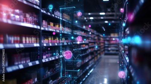 A modern supermarket aisle with digital data overlays, highlighting the integration of technology and retail analytics in a futuristic shopping environment.