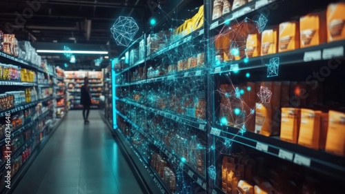 A supermarket aisle with digital technology overlays, illustrating smart retail and data-driven shopping.