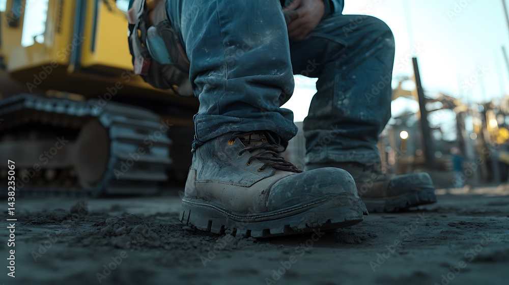 Construction Worker in Heavy Duty Boots on Site Construction Worker in Heavy Duty Boots on Site