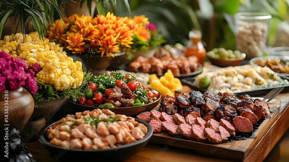 vibrant display of traditional Hispanic foods on table, vibrant display of traditional Hispanic foods on table,