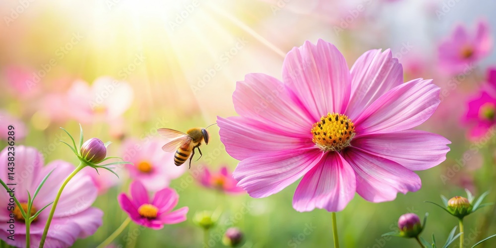 Pink Cosmos Flower Bee Summer Nature Background Photography, Beautiful Floral Insect Image Pink Cosmos Flower Bee Summer Nature Background Photography, Beautiful Floral Insect Image