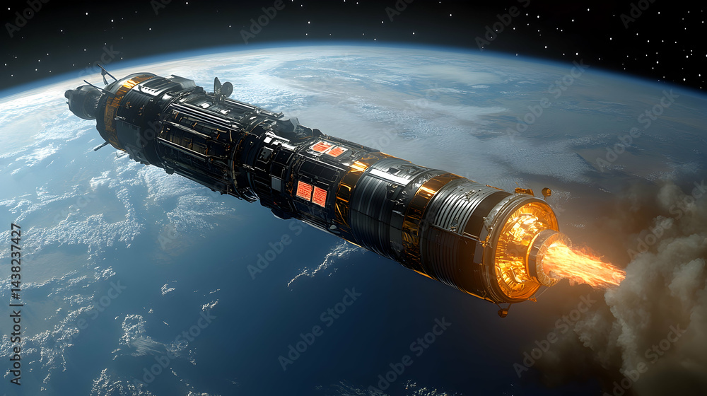 Obraz premium Futuristic spaceship with engine burning in space above Earth