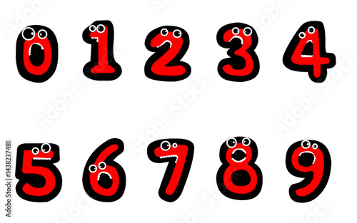 set of number character design with isolated background. Red Cartoon Number Characters from Zero to Nine with with eyeballs and teeth and various expressions. Designed for Educational or visuals
