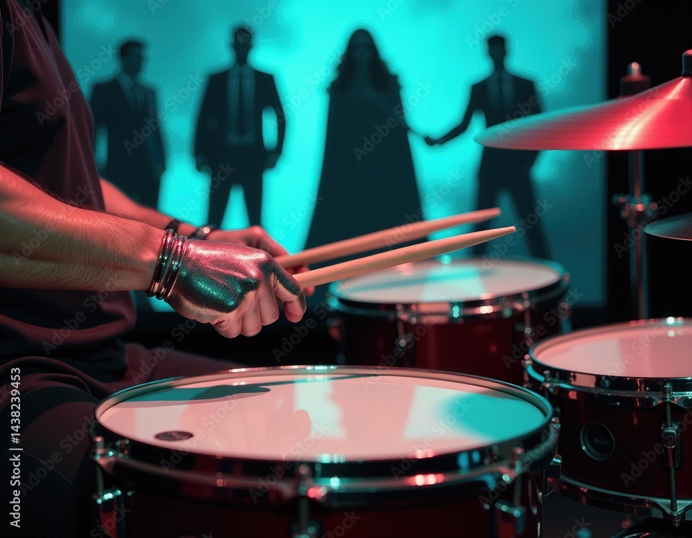 Drummer with Silver Gloves Playing Drums in Neon Light