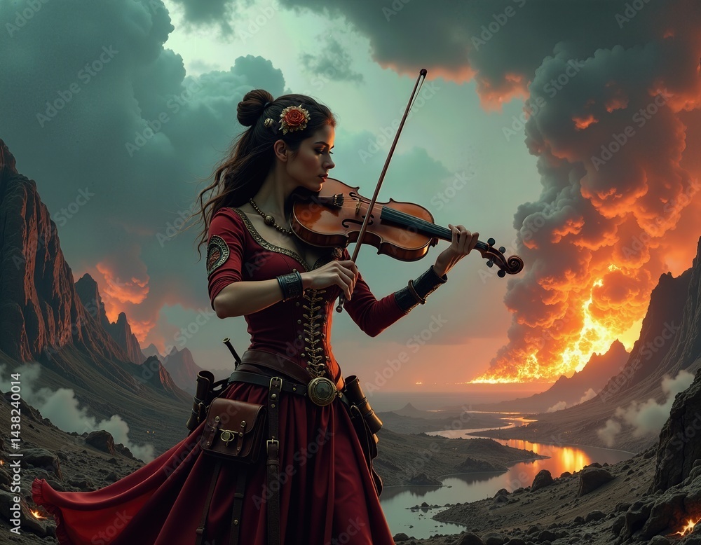 Woman Playing Violin in Epic Fantasy Landscape