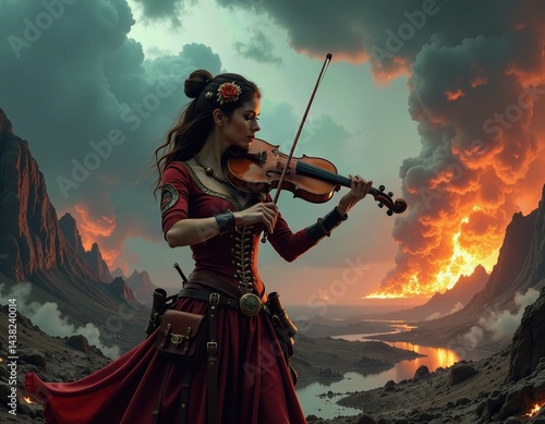 Obraz na płótnie Woman Playing Violin in Epic Fantasy Landscape w salonie