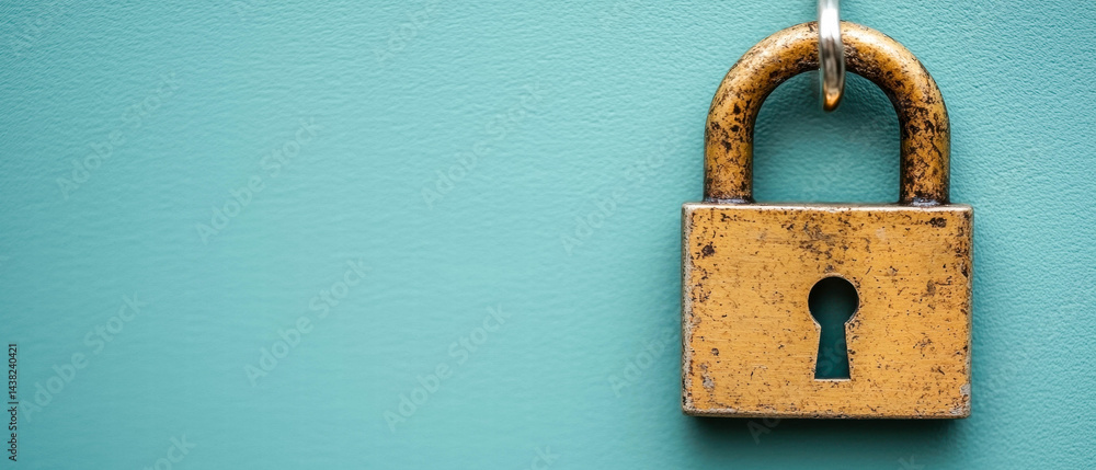 Vintage padlock hanging against teal background, symbolizing security and protection. lock weathered surface adds character, evoking sense of trust and reliability