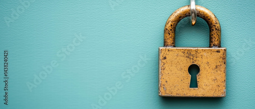 Obraz na płótnie Vintage padlock hanging against teal background, symbolizing security and protection. lock weathered surface adds character, evoking sense of trust and reliability w salonie